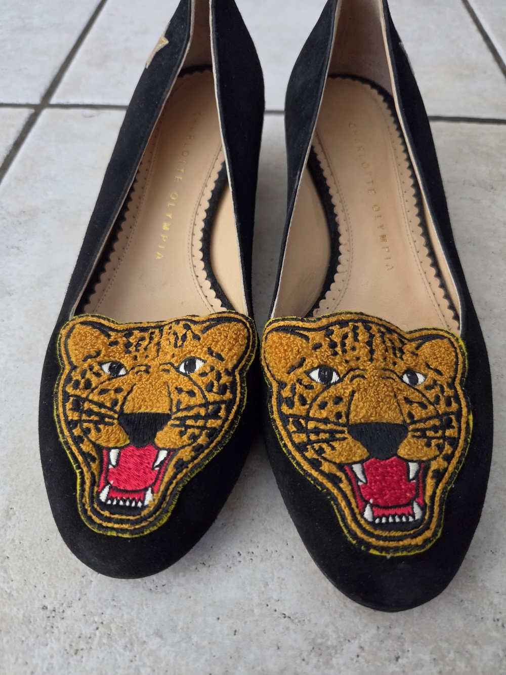 Charlotte Olympia Black Suede Flats with Gold and Red Tiger Patch